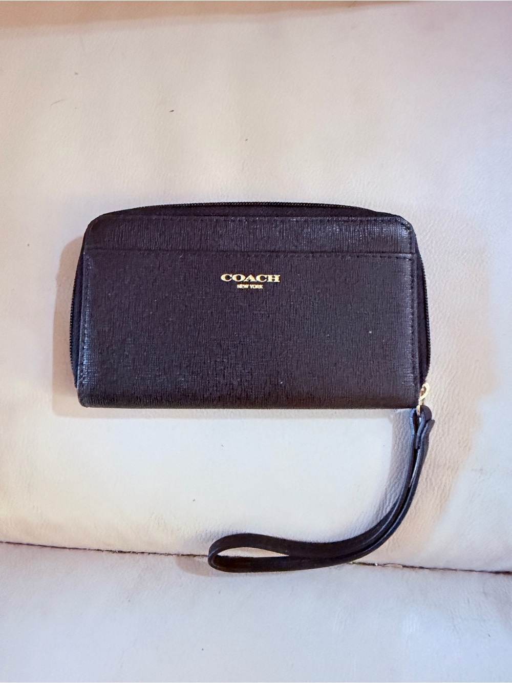 Coach Black Saffiano Zip Wristlet with Gold Logo